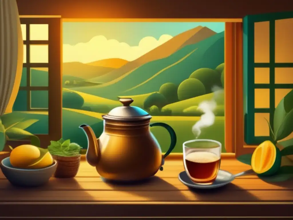 Beneficios infusiones de mate: Ilustración vintage acogedora en un entorno rioplatense tradicional