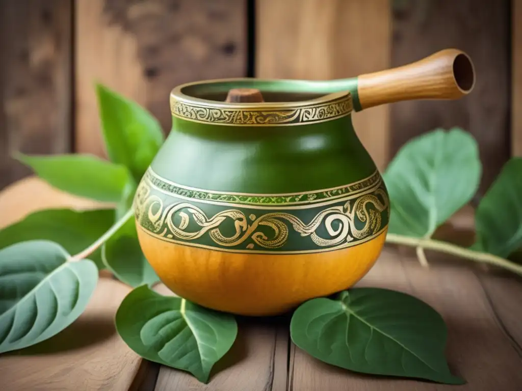 Mate con beneficios inmunológicos: gourd, leaves, ornate patterns, cultural heritage, steam, rustic table, South America map, sunlight