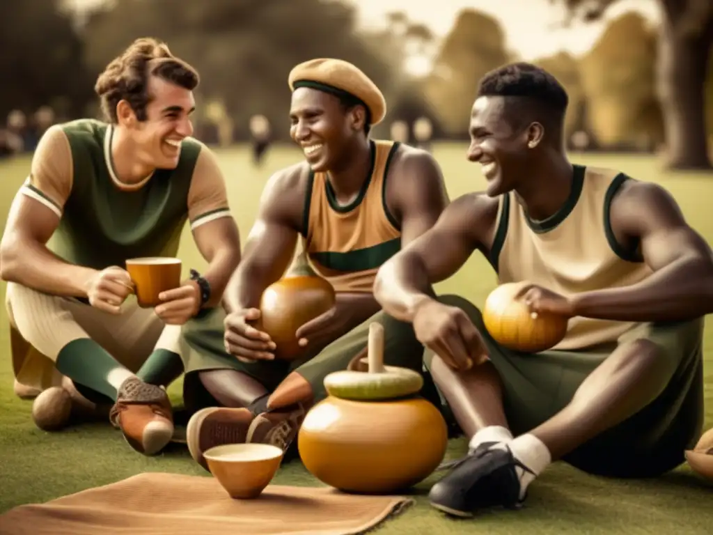 Beneficios del mate en deporte: atletas disfrutan de mate y camaradería en un parque, evocando tradición y conexión histórica