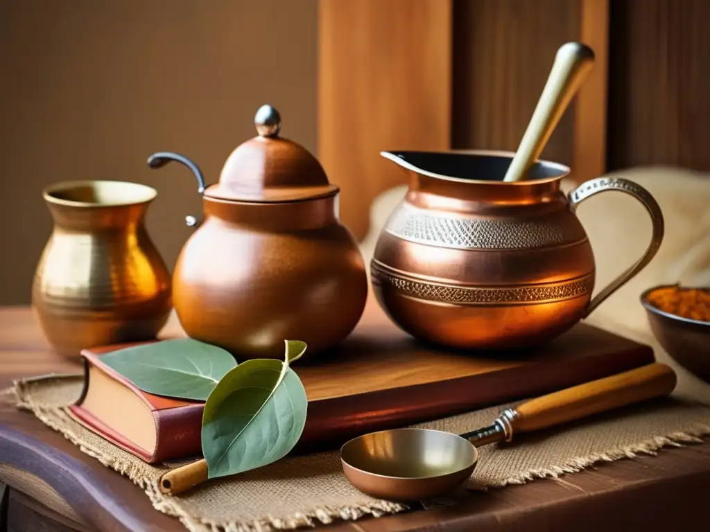 Beneficios de mate en dieta: mesa de madera con mate, bombilla, yerba mate, elementos rústicos y luz cálida