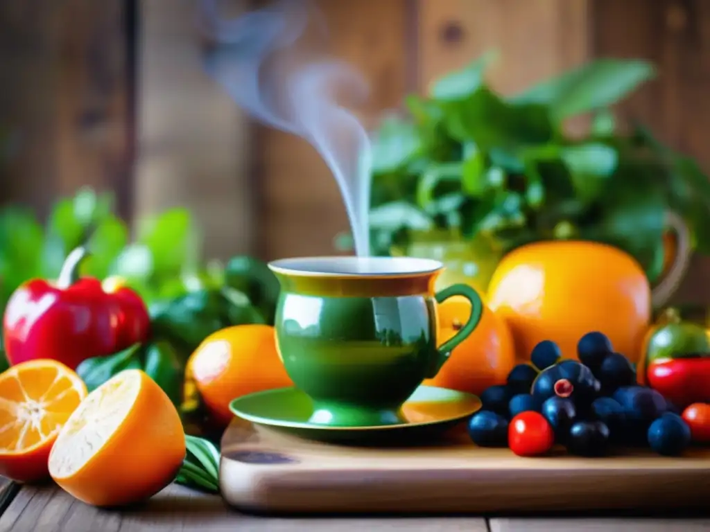 Beneficios del mate en dietas veganas: imagen inspiradora y nutritiva con frutas, verduras y una taza de mate en una mesa rustica