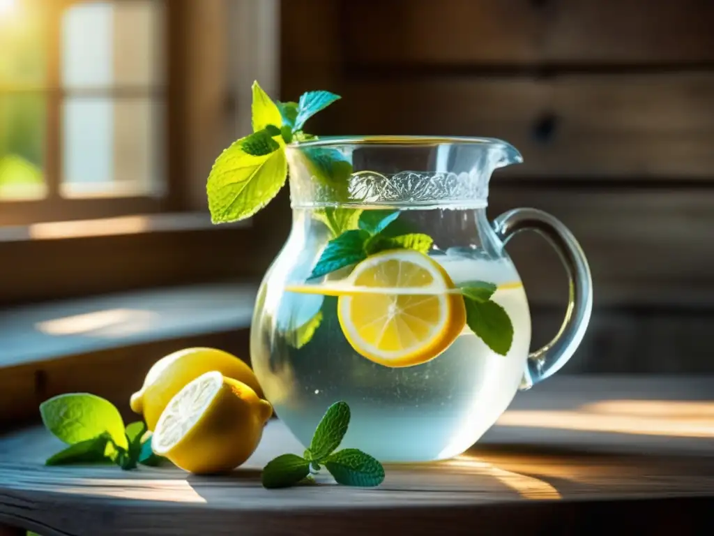 Beneficios de beber mate para la hidratación: Jarra de vidrio vintage con agua fría, limón y menta, sobre mesa de madera rústica