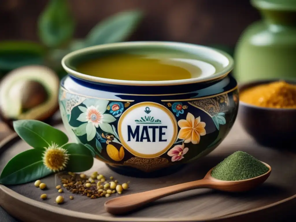 Beneficios del mate para la piel: imagen vintage de una taza de mate rodeada de ingredientes naturales para tratamientos faciales