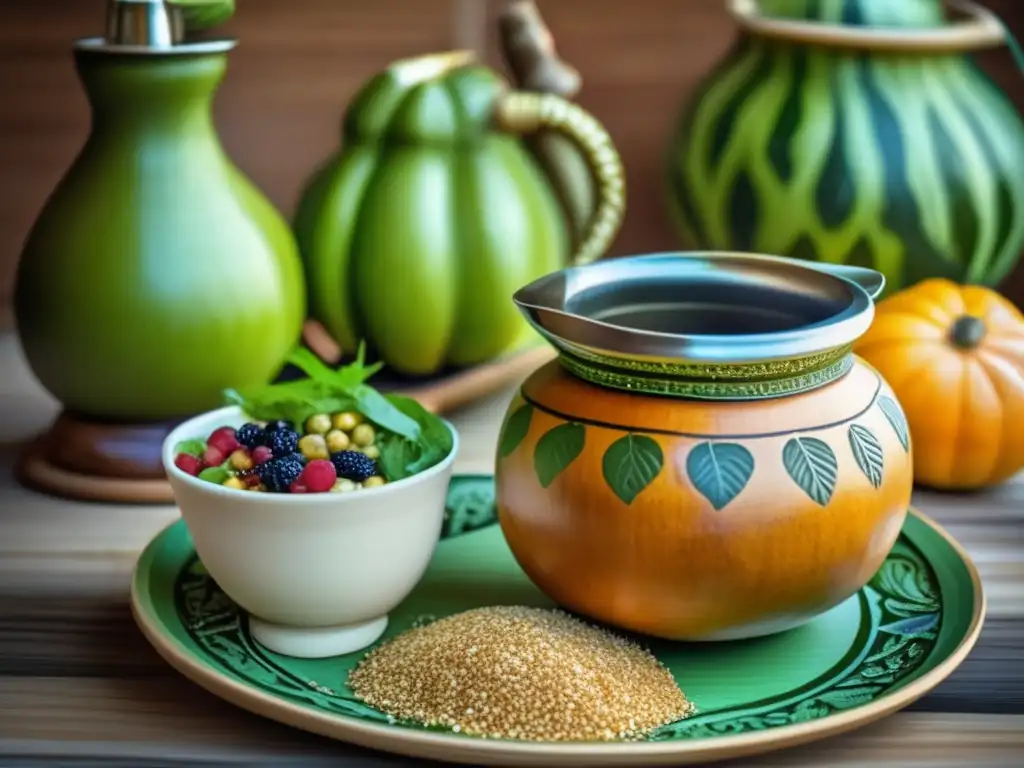 Beneficios del mate tradicional: una mesa vintage con mate, comida saludable y armonía