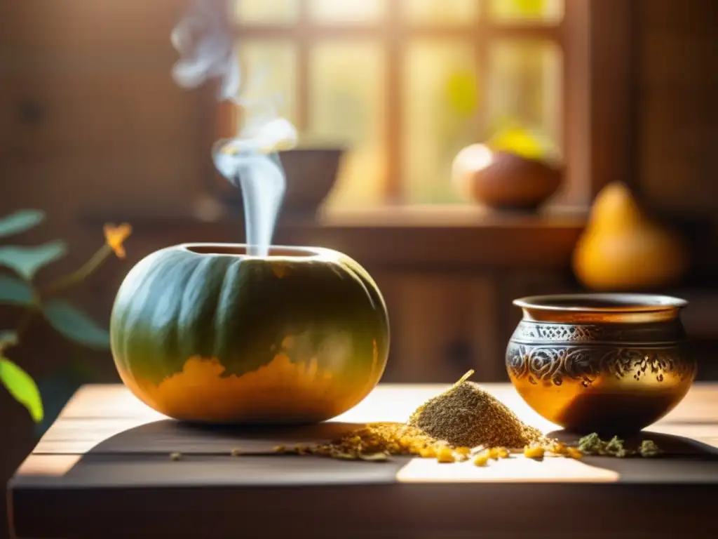 Beneficios psicológicos del mate tradicional: una imagen nostálgica que muestra una tradicional mate y bombilla, rodeada de hojas de yerba mate