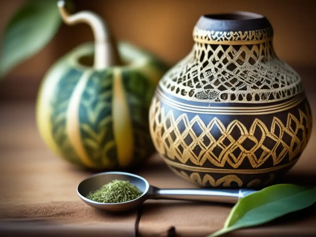 Beneficios yerba mate para salud bucal: mate gourd, herramientas dentales, ambiente histórico