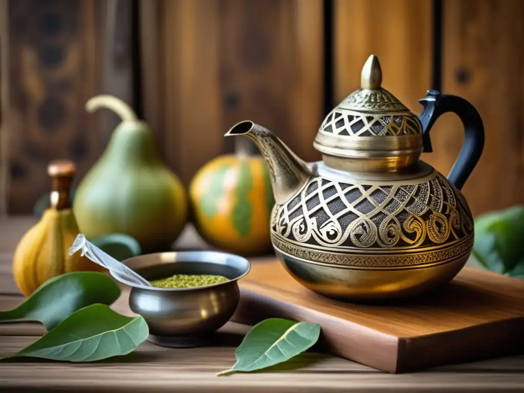 Beneficios para la salud del mate: Mesa rústica con mate y bombilla de diseño vintage, evocando tradición, calidez y patrimonio cultural