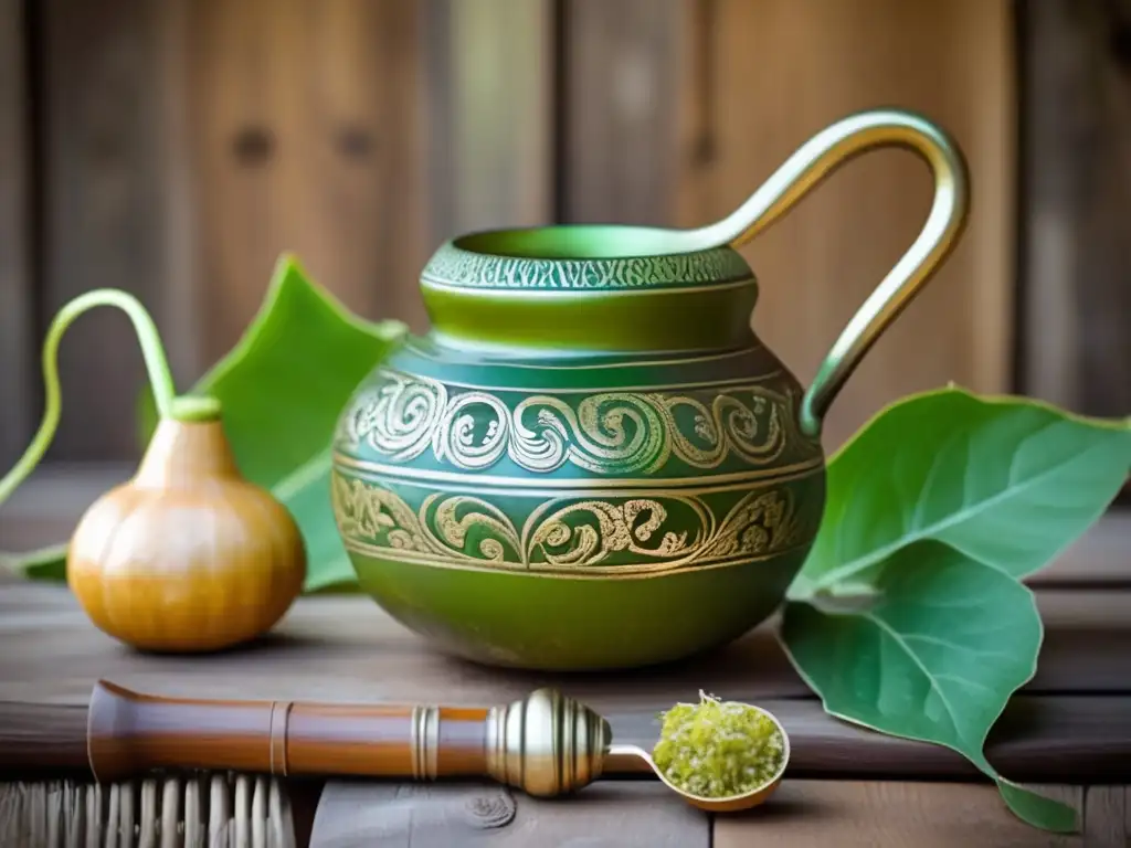 Mate: Beneficios para la salud del mate en un set tradicional con gourd, bombilla y yerba mate en un fondo de madera rústica