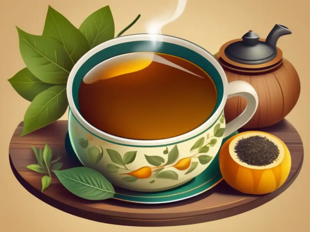 Ilustración vintage de beneficios de saponinas en mate tea: gourd, bombilla, hojas, té, elementos botánicos, extracción y color cálido