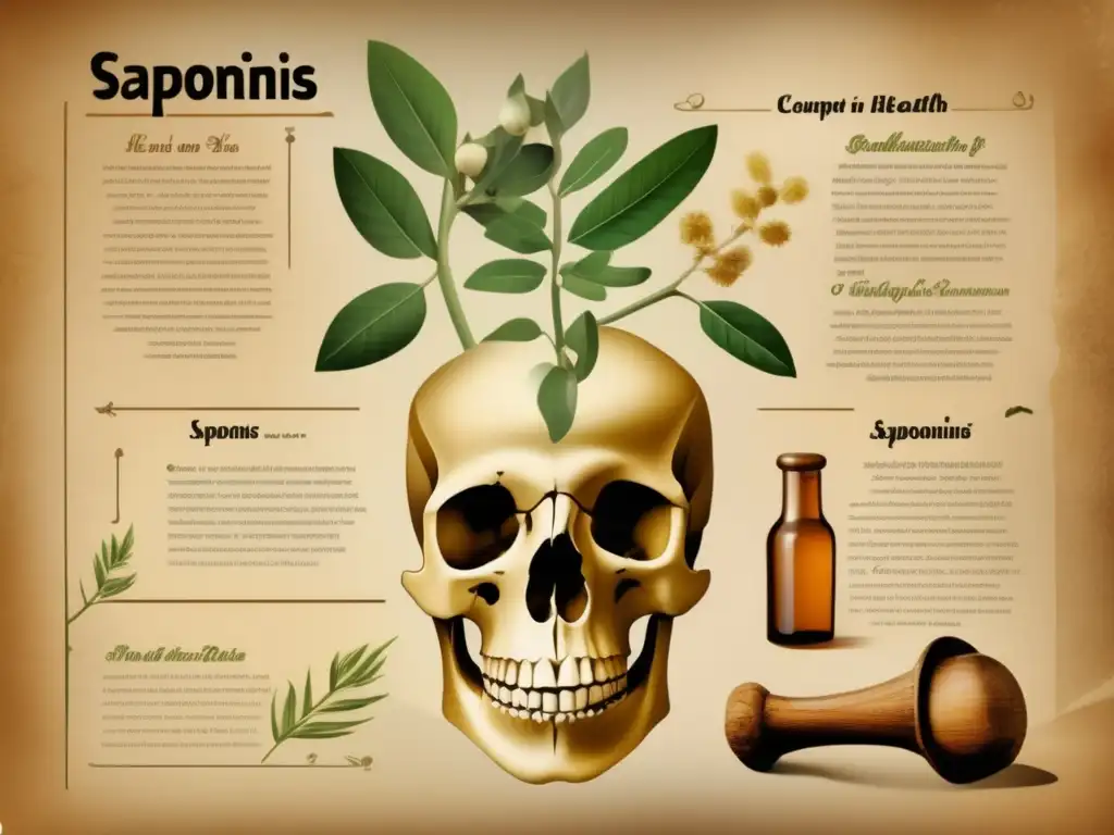 Beneficios saponinas mate salud, imagen vintage destacando promoción salud ósea con ilustraciones detalladas de huesos y planta de mate