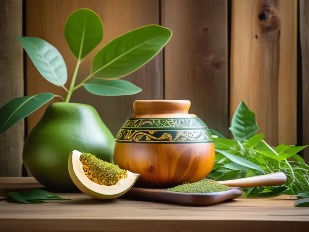 Beneficios de la yerba mate para la diabetes: Mesa de madera con mate y bombilla rodeados de hojas verdes