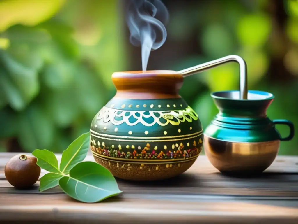 Beneficios de la yerba mate para el estrés: Imagen tradicional de mate con bombilla en mesa rústica rodeada de naturaleza, emitiendo vapor