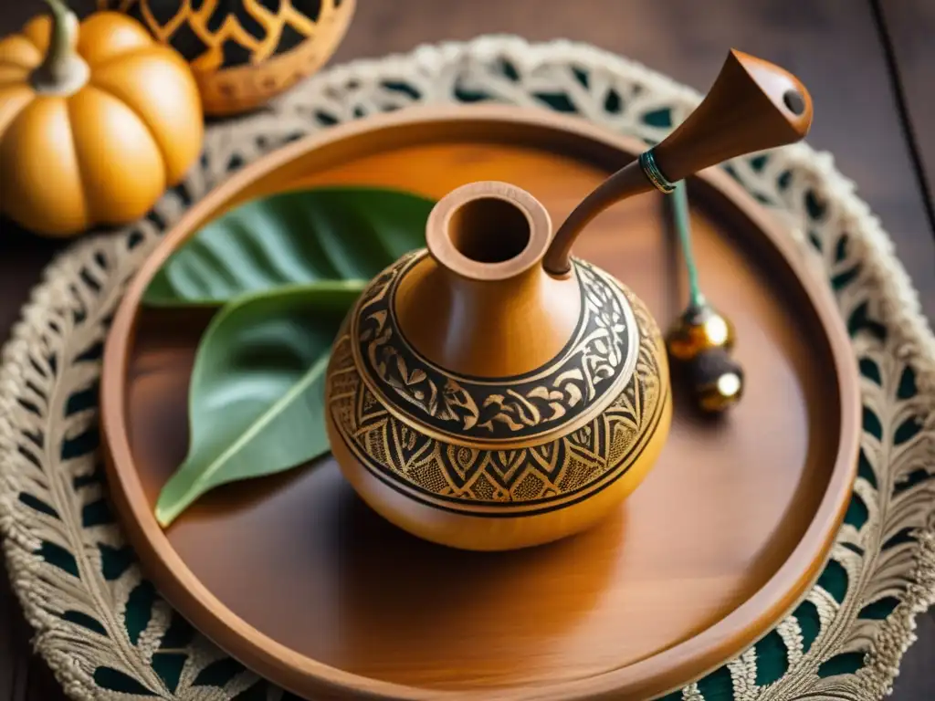 Mate gourd and bombilla on traditional tray Beneficios de la yerba mate en una escena vintage