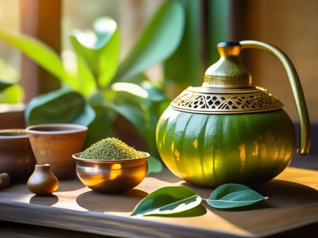 Mate tradicional en mesa de madera Beneficios de la yerba mate en el metabolismo: Mate tradicional con detalles vintage y motivos sudamericanos