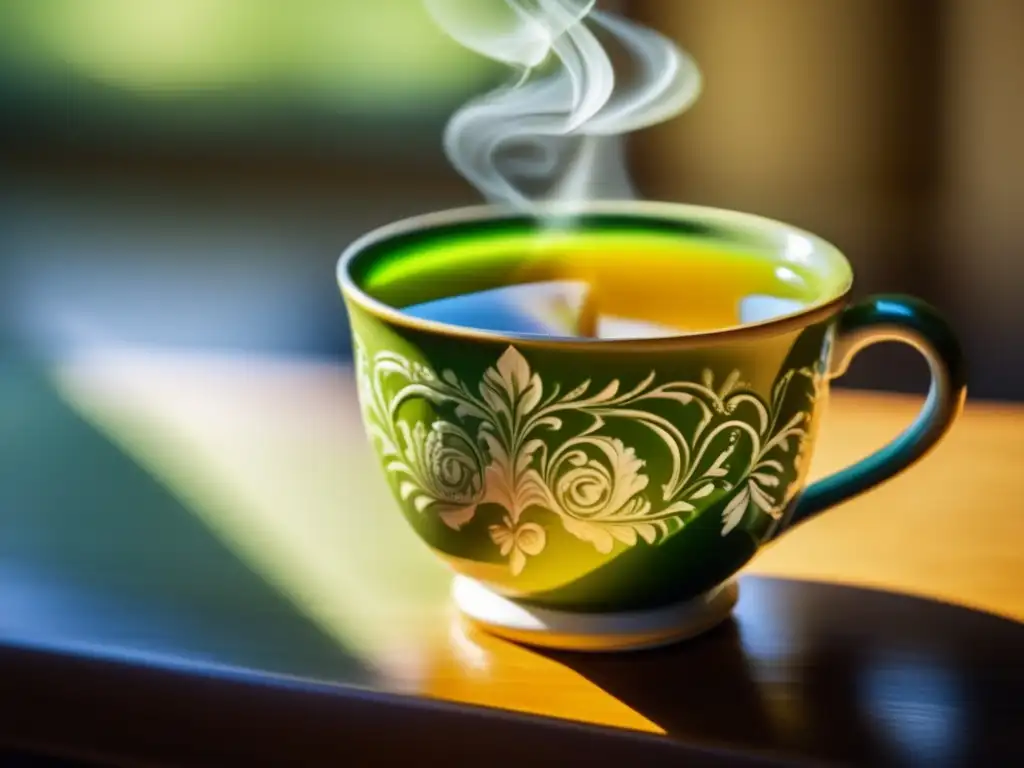 Beneficios de la yerba mate: una taza de porcelana vintage llena de té mate verde, con delicados diseños florales, vapor y luz solar