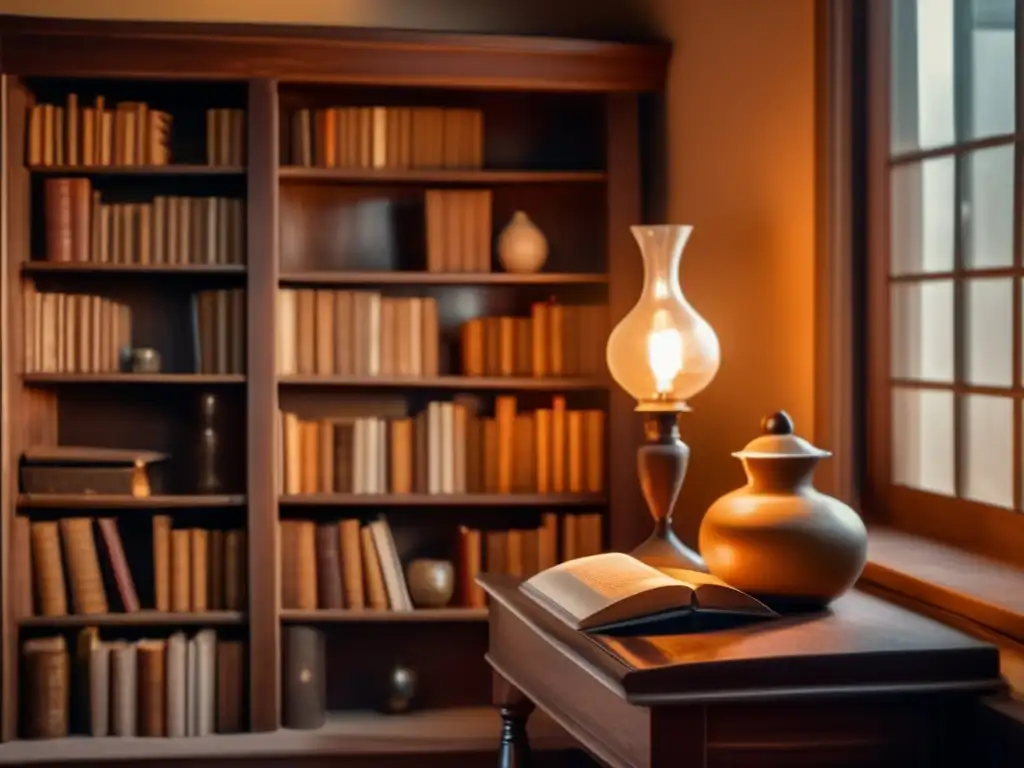 Biblioteca antigua con libros polvorientos y luz tenue