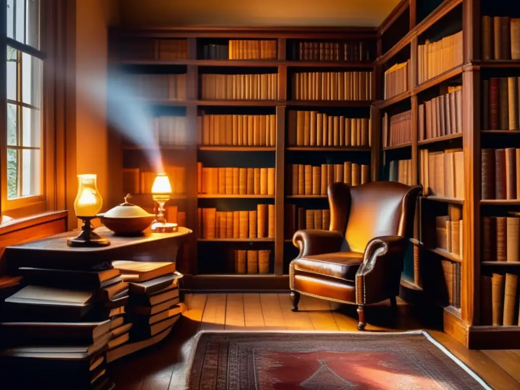 Biblioteca antigua con libros polvorientos y rayos de sol filtrándose por ventanas de vidrieras, resaltando volúmenes encuadernados en cuero