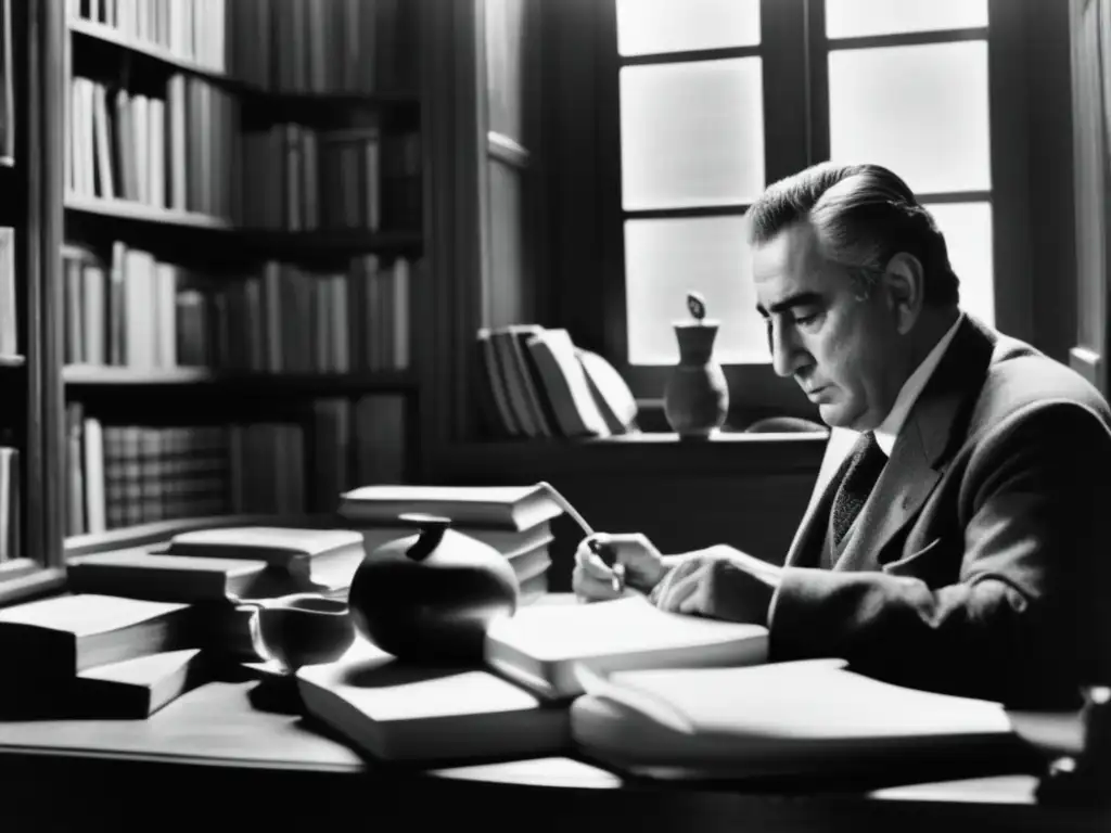 Fotografía en blanco y negro de Juan Carlos Onetti rodeado de libros, con un mate y bombilla, evocando la tradición del mate en literatura