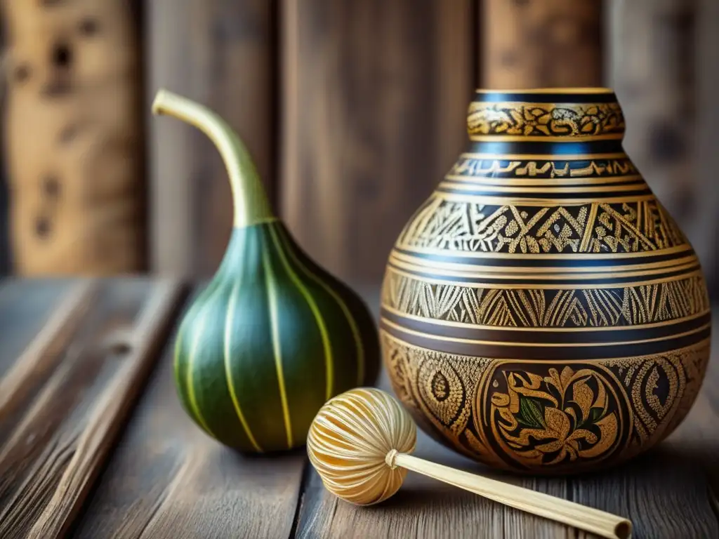 Ilustración vintage: mate gourd y bombilla con beneficios saludables del mate tradicional