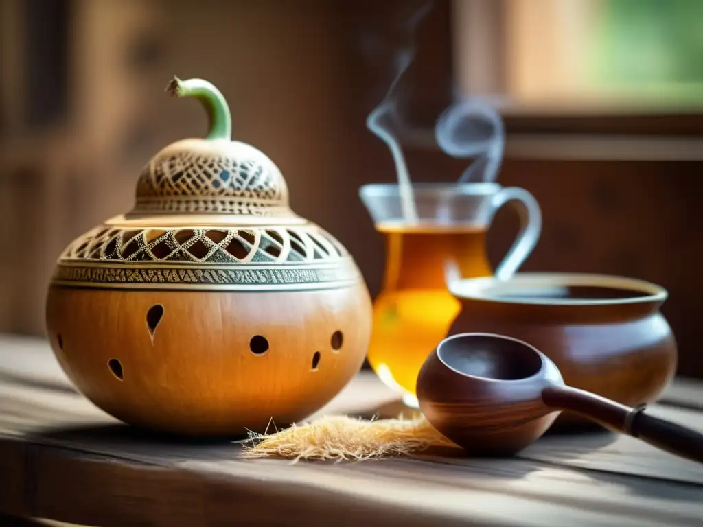 Celebración tradición mate región rioplatense: Gourd, bombilla, manos diversas compartiendo mate en mesa de madera, vapor, escuela difusa