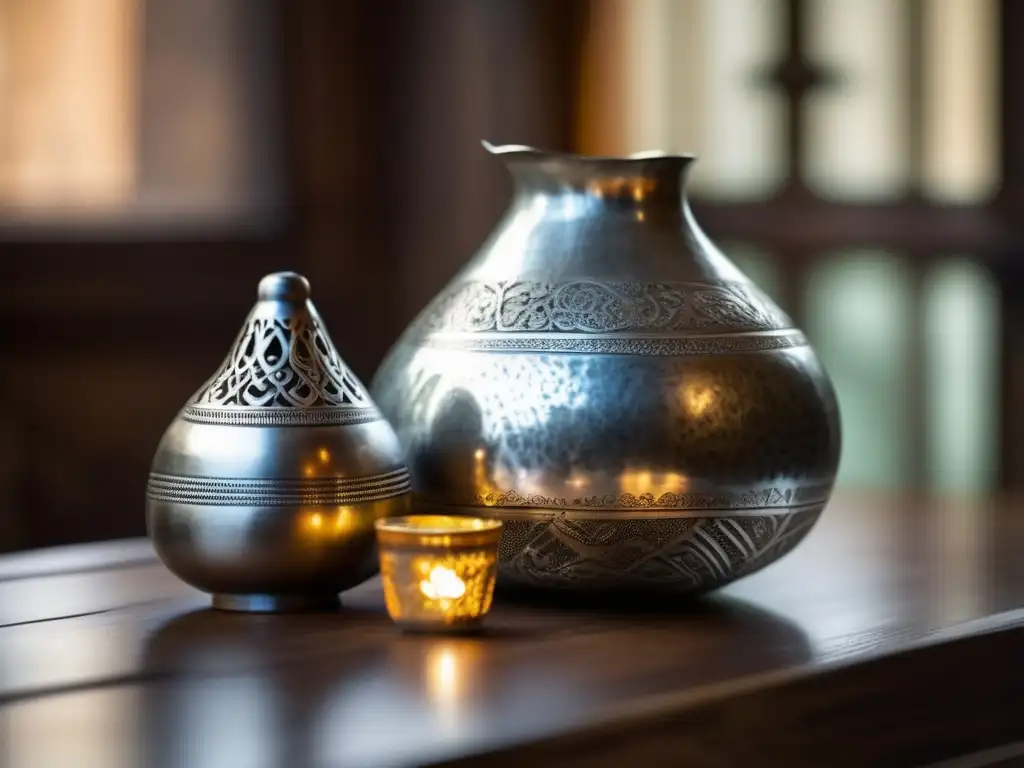 Gourd y bombilla de mate de plata antigua en mesa de madera desgastada