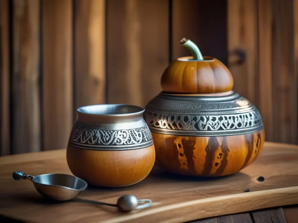 Gourd y bombilla mate tradicional con beneficios anímicos, en mesa rústica (110 caracteres)