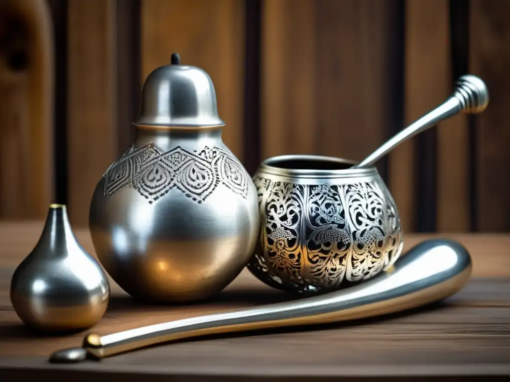 Tradición mate en Río Plata: Gourd y bombilla de plata en mesa rústica, con detalles tallados y grabados