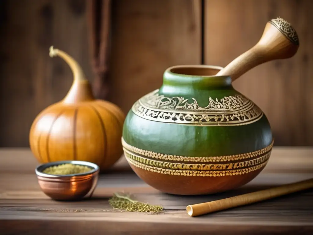 Tradición del mate en rioplatense: gourd y bombilla vintage en mesa rústica con yerba mate y luz natural