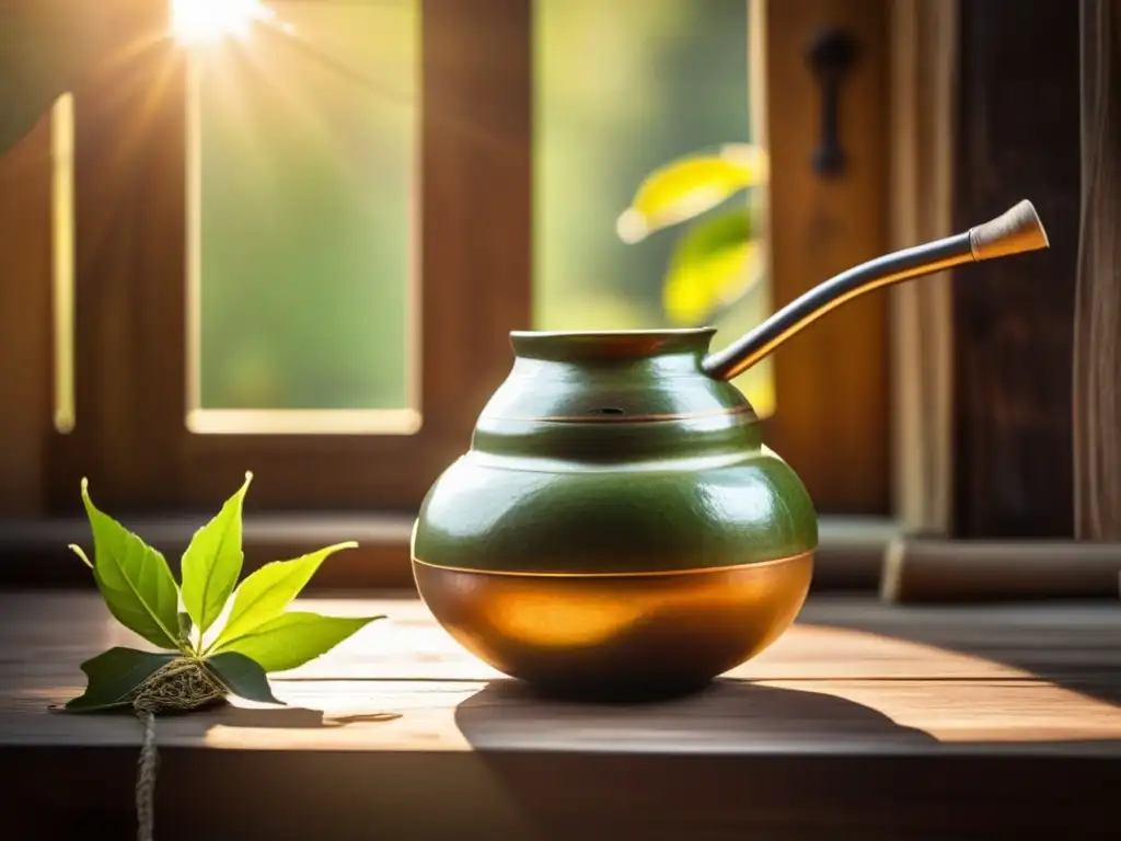 Gourd y bombilla de yerba saborizada en mesa de madera rústica - Influencia yerba saborizada cultura rioplatense