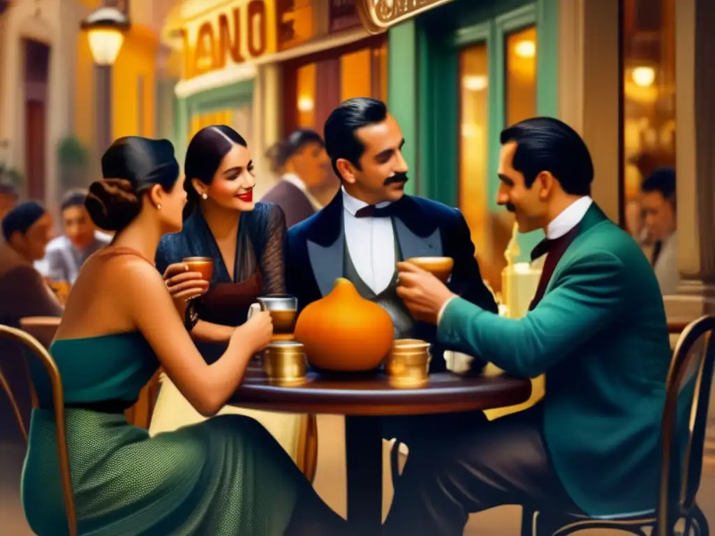 Café de Buenos Aires en la época dorada del tango, con elegantes personas disfrutando mate dulce e inmersos en la historia y cultura rioplatense