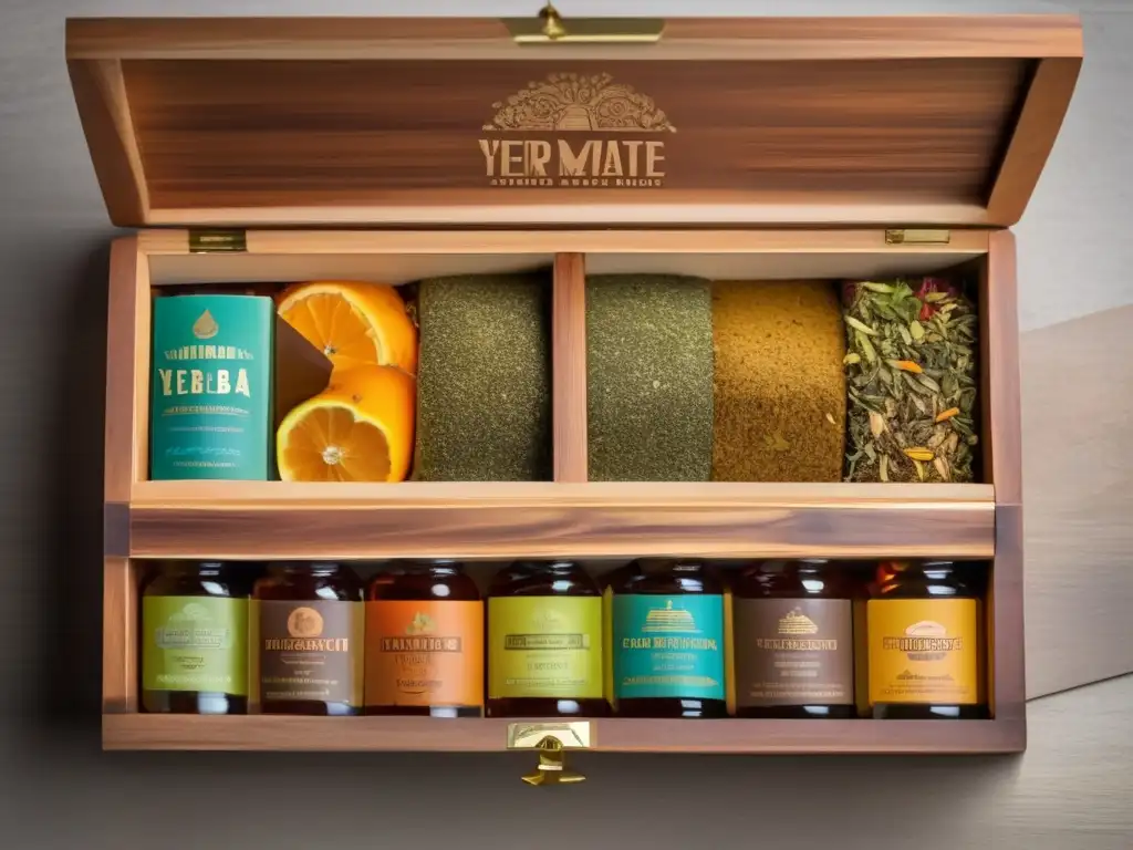 Caja de madera vintage con surtido vibrante de yerbas compuestas saludables y beneficiosas