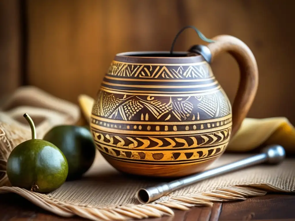 Calidad yerba mate tradicional: gourd y bombilla vintage con detalles intrincados y aspecto envejecido, evocando nostalgia y autenticidad cultural