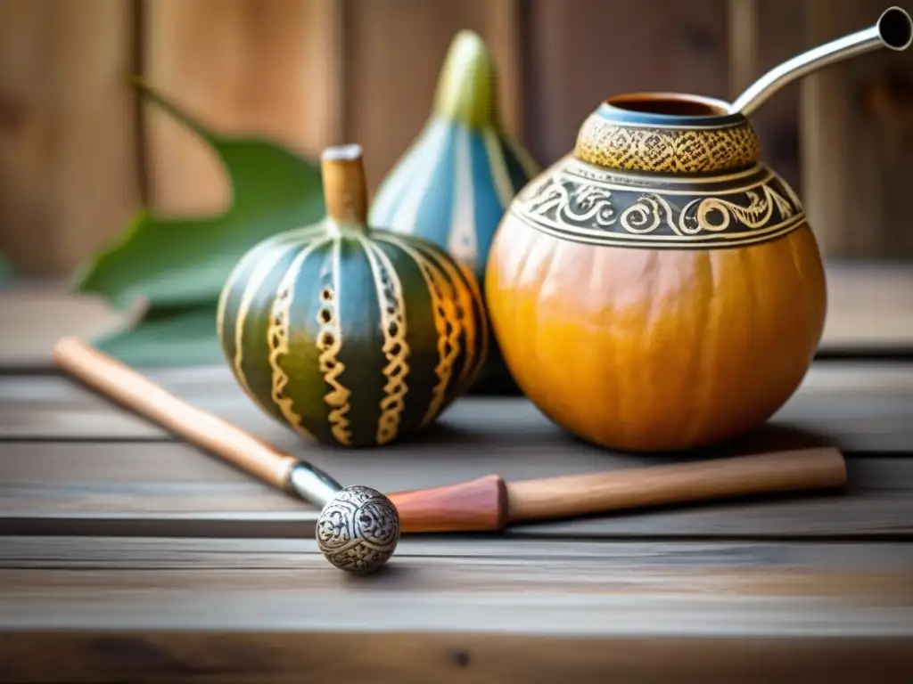 Calidades y orígenes del mate: gourd y bombilla en mesa rústica con infusión oscura de yerba mate y delicada artesanía, invitando a explorar su esencia vintage