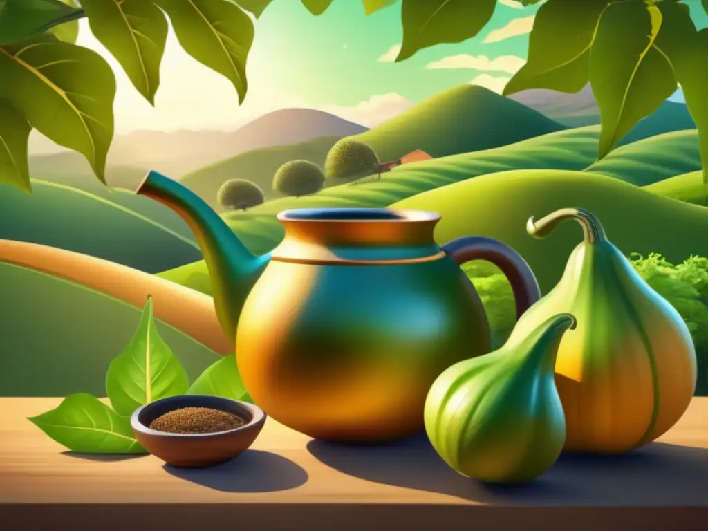 Calidades y orígenes del mate: ilustración vintage en 8k con paisaje campestre sereno, mate y bombilla tradicionales rodeados de exuberante vegetación verde