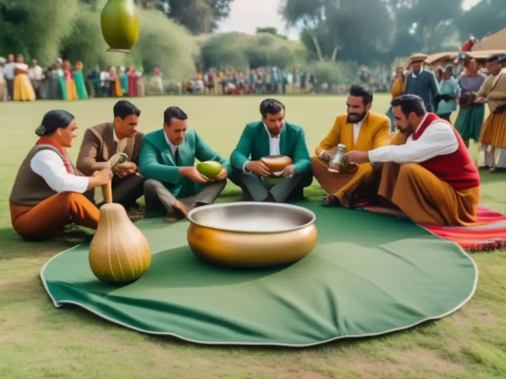 Campeonato de mate rioplatense al aire libre con participantes vestidos tradicionalmente y rodeados de naturaleza y comunidad