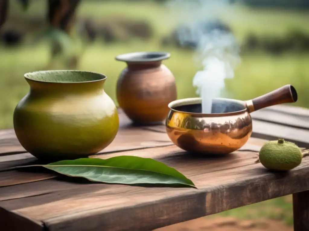 Preparación mate Brasil: tradición Guarani, yerba mate, gourd, bombilla, campo verde con luz dorada