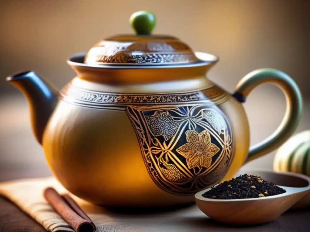 Mate con canela y clavo: infusión tradicional con gourd, té dorado, especias y fondo vintage