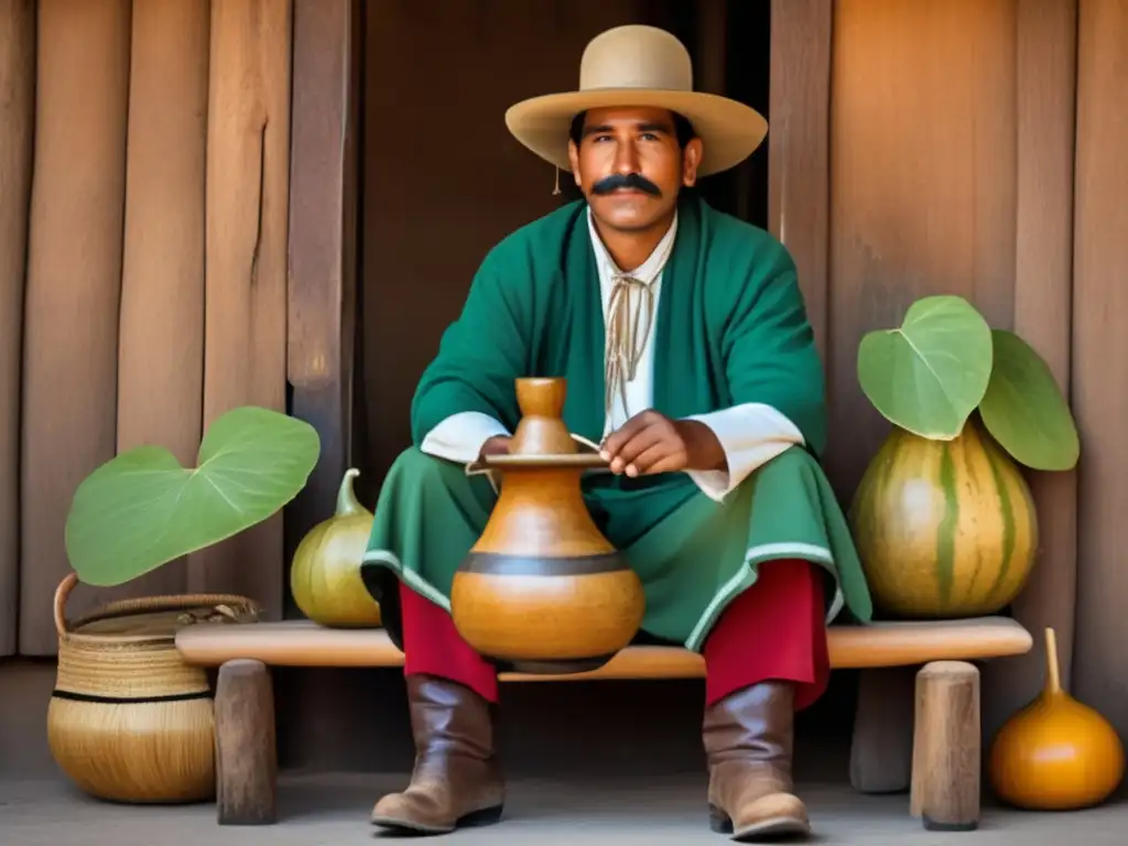 Un cebador de mate rioplatense con años de experiencia y sabiduría preparando mate en una habitación acogedora