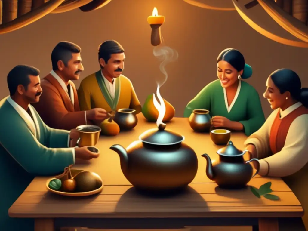 Formación cebadores conscientes mate tradición - Ilustración vintage de una ceremonia de mate con personas disfrutando del ritual rioplatense