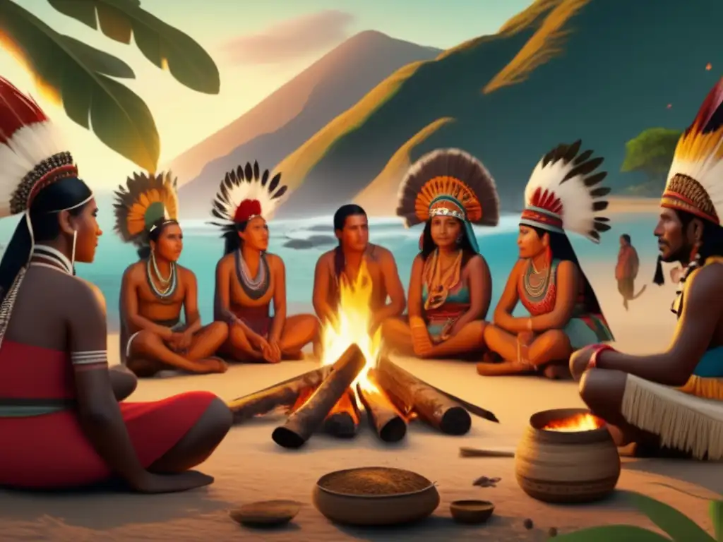 Tradición del mate en América del Sur Centros culturales del mate en la sociedad: escena detallada de la llegada del mate a Sudamérica, con indígenas preparándolo alrededor de un fuego, colonizadores observando y un paisaje exuberante