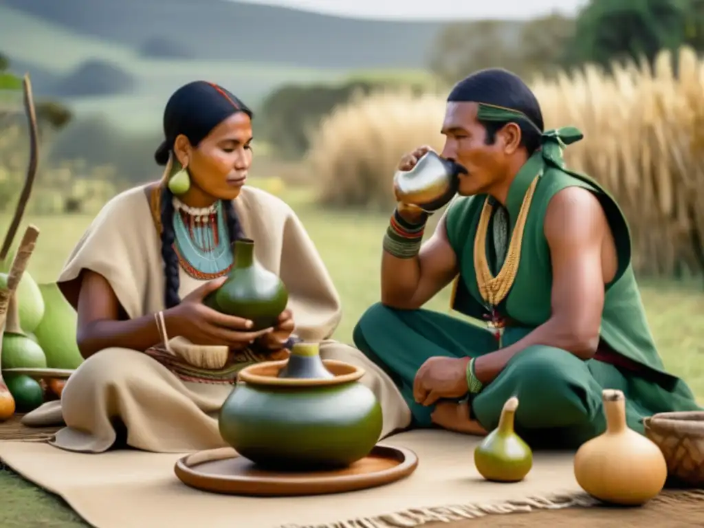 Ceremonia de mate: tradición ancestral en un entorno rural con yerba mate artesanal y vestimenta indígena