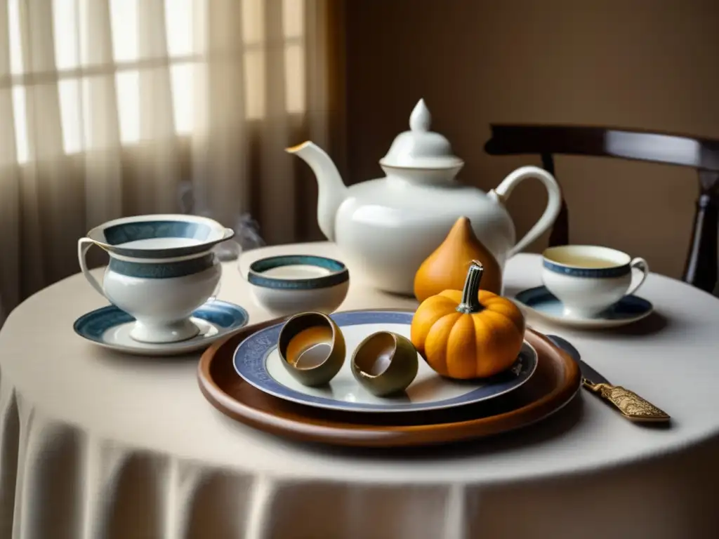 Ceremonia diplomática con mate: mesa elegante, gourd y bombilla, tazas de porcelana, diplomáticos conversando, ambiente cultural