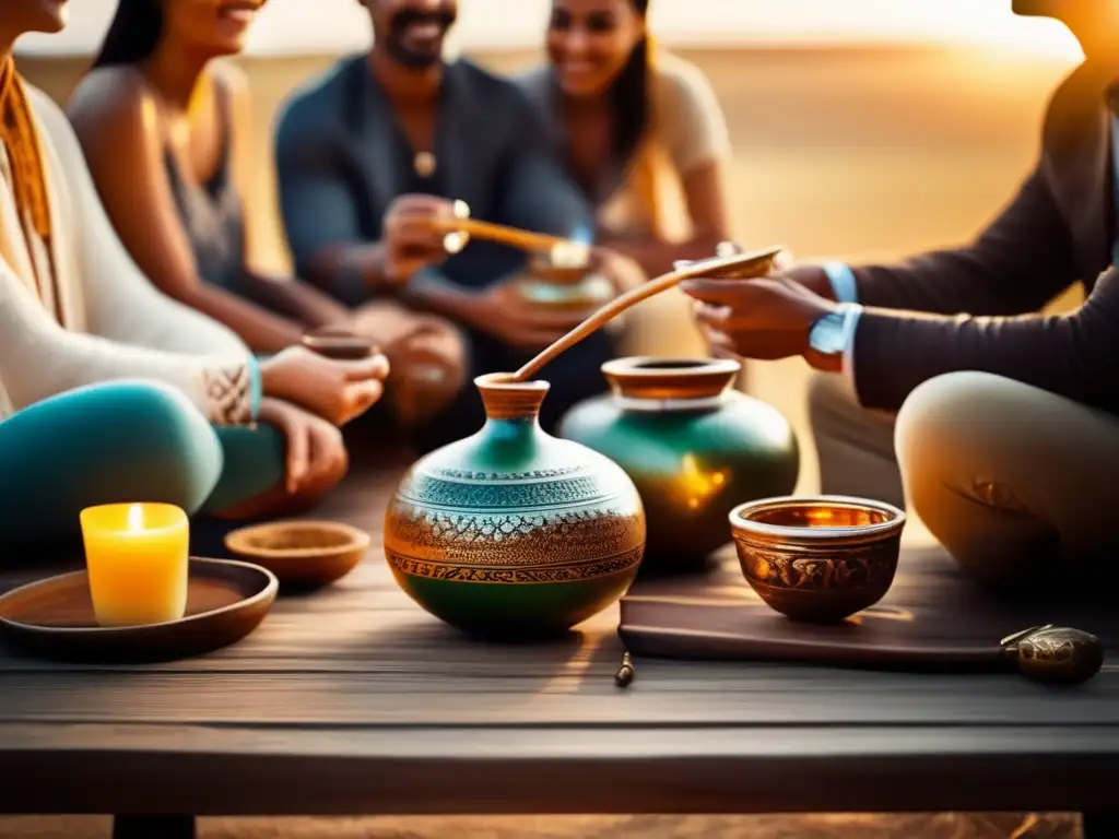 Ceremonia de mate con amigos alrededor de una mesa de madera, destacando una bombilla de mate vintage