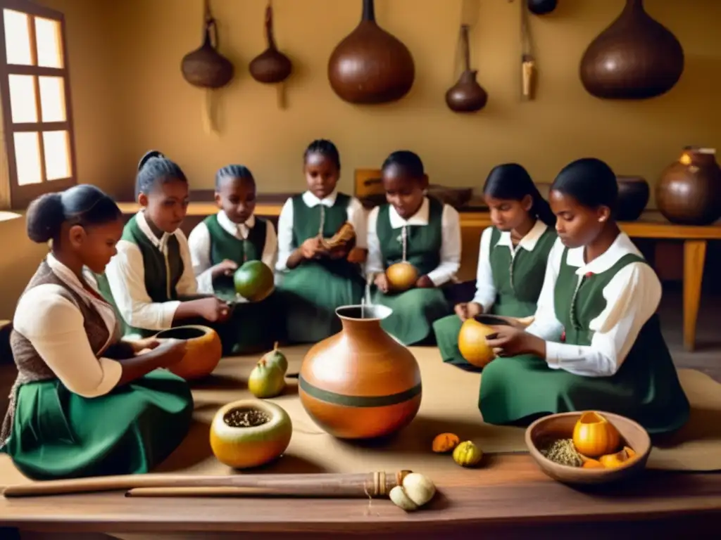 Tradición del mate en educación: alumnos en ceremonia de mate en un aula, creando conexión y enseñanza