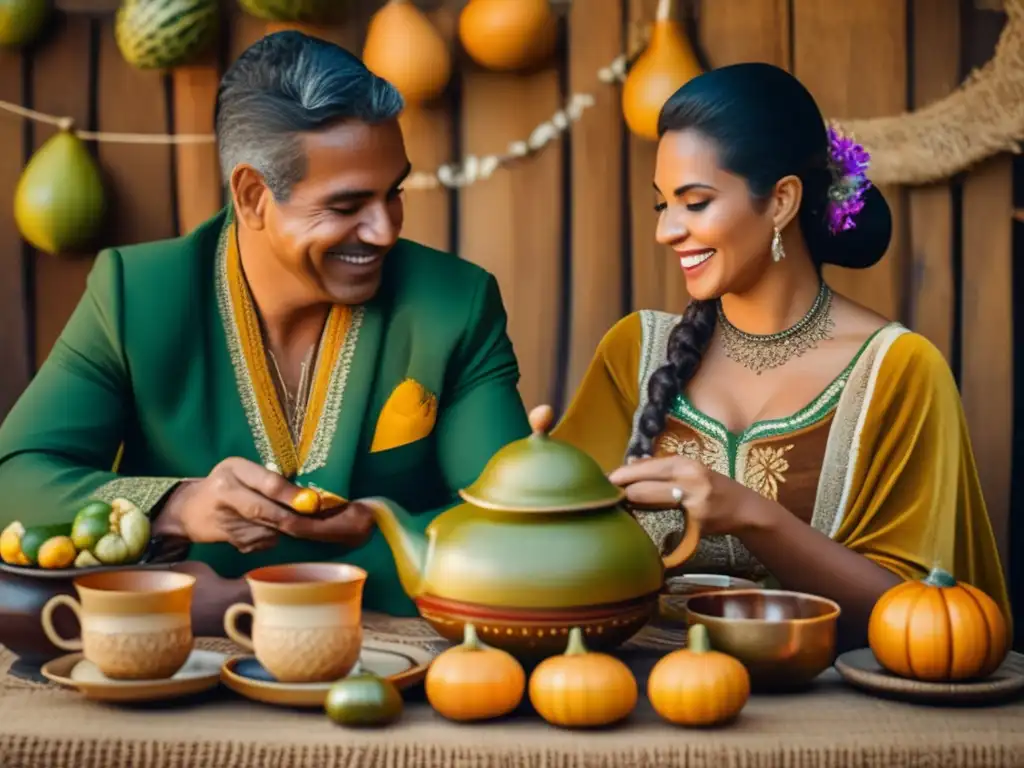 Ceremonia de mate brasileño vintage con mesa de madera, gourds antiguos y tazas de té