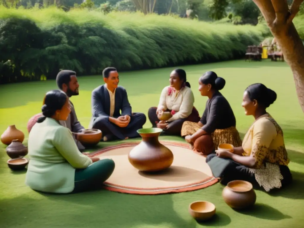 Ceremonia del mate en la diáspora: Grupo de personas disfrutando de mate en un parque rodeados de naturaleza y compartiendo momentos de camaradería y tradición