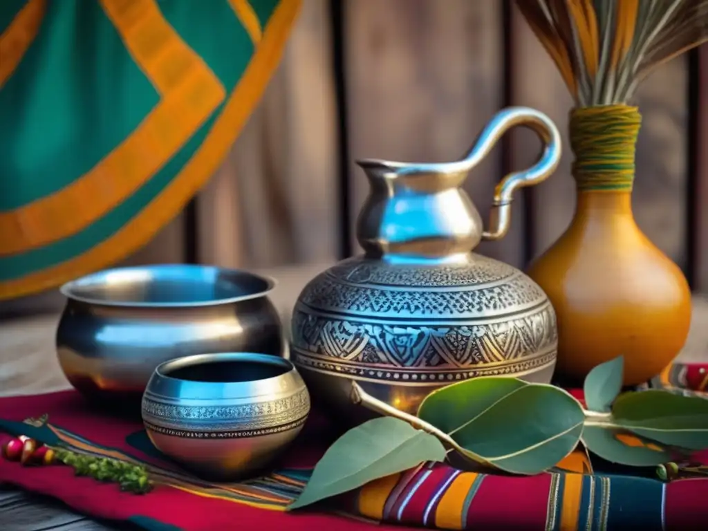 Ceremonia de mate rioplatense: gourd de plata adornada, bombillas coloridas y yerbera de madera