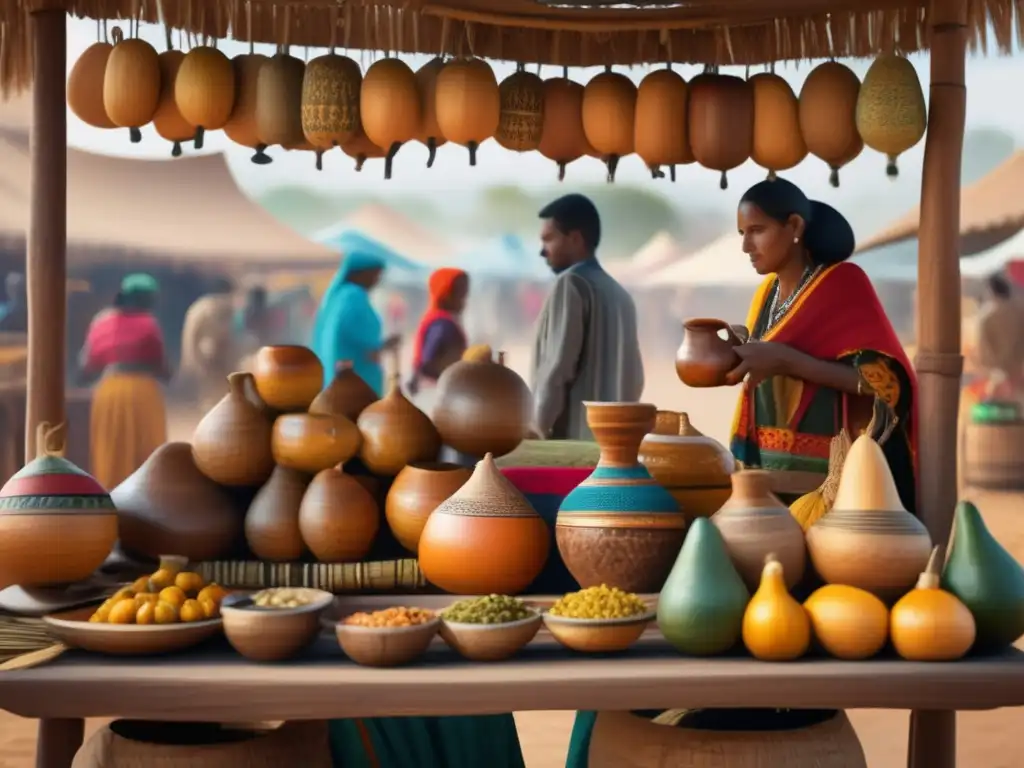 Ceremonia del mate en tierras lejanas: escena vibrante de un mercado con vendedor indígena preparando mate infusionado