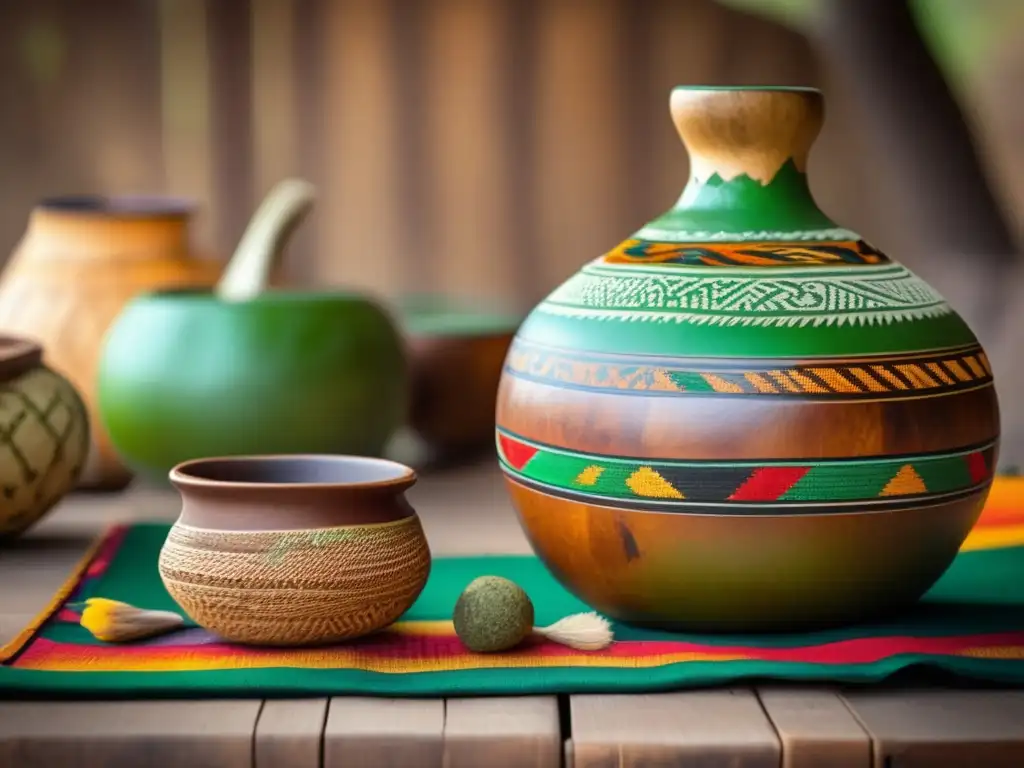 Ceremonia de mate tradicional en una escena vintage de mesa de madera rústica con mantel tejido colorido, mate tallado y yerba mate vibrante