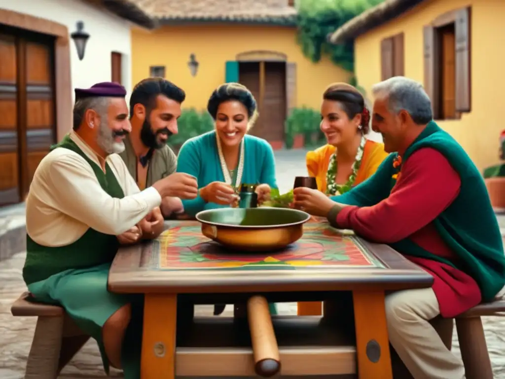 Ceremonia de mate tradicional en patio antiguo: amigos compartiendo mate y beneficios para la salud